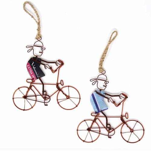 Recycled Wire Ornament Bandana Bicycle Rider - Set of 2
