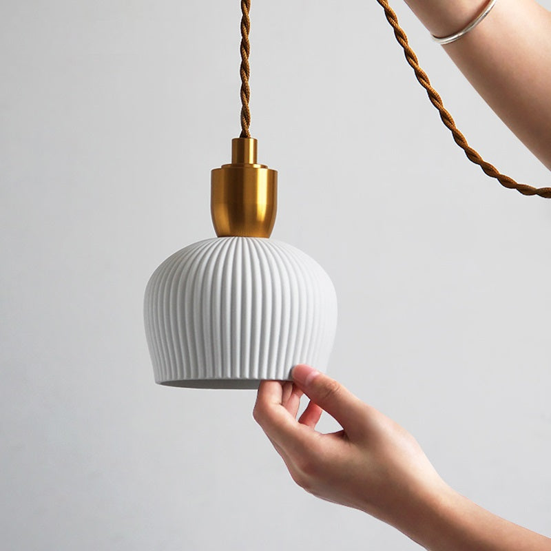 Pleated Ceramic & Brass Cocoon Pendant Light