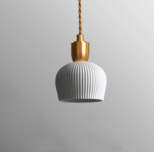 Pleated Ceramic & Brass Cocoon Pendant Light