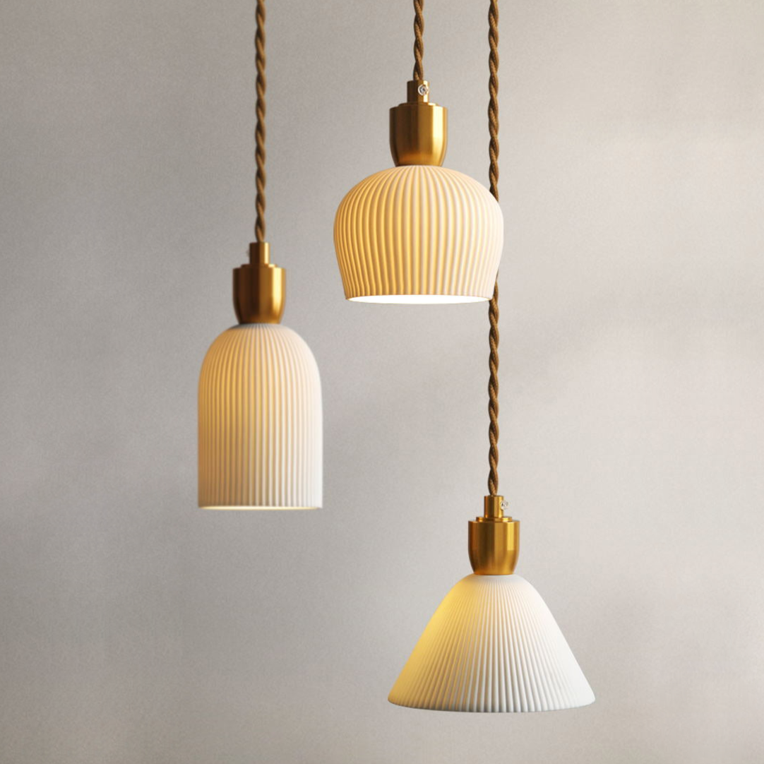 Pleated Ceramic & Brass Cocoon Pendant Light
